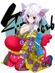  1girl :d animal_ear_fluff animal_ears bare_shoulders blue_background breasts brown_kimono cat_ears chinese_zodiac commentary_request floral_print flower frilled_sleeves frills full_body hair_between_eyes hair_flower hair_ornament highres japanese_clothes kimono large_breasts long_sleeves nengajou new_year original print_kimono purple_eyes purple_flower purple_sandals red_thighhighs saibashi sandals sleeves_past_wrists smile solo thighhighs two-tone_background white_background white_hair wide_sleeves year_of_the_horse 