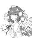  1girl bird_wings chinese_commentary commentary_request greyscale hat hauchiwa highres looking_at_viewer medium_hair monochrome neck_ribbon pom_pom_(clothes) puffy_short_sleeves puffy_sleeves ribbon seiryo0425 shameimaru_aya shirt short_sleeves sketch smile solo tokin_hat touhou upper_body wings 