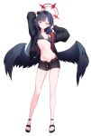  1girl ^_^ absurdres armpit_peek arms_up bare_legs bikini bikini_bottom_under_shorts bikini_under_clothes black_bikini black_hair black_jacket black_wings blue_archive blush breasts closed_eyes collarbone commentary_request eyewear_on_head facing_viewer feathered_wings full_body halo highres ichika_(blue_archive) ichika_(swimsuit)_(blue_archive) jacket long_hair meluwow navel official_alternate_costume open_clothes open_jacket open_shorts partial_commentary revision sandals shorts simple_background small_breasts smile solo stomach straight_hair sunglasses swimsuit tachi-e two-sided_fabric two-sided_jacket very_long_hair white_background wings 