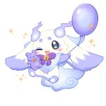  1other :3 ;d animal_ears aqua_eyes balloon bell blush chibi chibi_only chibikemo commentary_request creature creature_focus eyeshadow fire full_body furry highres holding holding_balloon holding_stuffed_toy jingle_bell lunlun_(nijisanji) makeup nana_(harebiyorinana) nijisanji one_eye_closed open_mouth other_focus purple_eyeshadow purple_fire purple_fur smile solo sparkle stuffed_animal stuffed_toy tachi-e tail teddy_bear variant_set virtual_youtuber white_background white_fur 