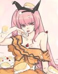  1girl akiha_rumiho animal_ears breasts cake casual cleavage commentary_request cream_on_breasts dress fake_animal_ears food fruit hair_down licking licking_hand long_hair looking_at_viewer masato_(mirai_koubou) medium_breasts orange_dress pink_eyes pink_hair science_adventure single_bare_shoulder sleeve_pull solo steins;gate strawberry tongue tongue_out 