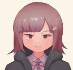  1girl brown_hair collared_shirt commentary_request danganronpa_(series) danganronpa_2:_goodbye_despair flipped_hair hair_ornament highres jacket looking_at_viewer maid_dragon medium_hair nanami_chiaki neck_ribbon open_clothes open_jacket pink_eyes pink_ribbon portrait ribbon shirt smile solo white_shirt 