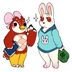 1:1 3_toes 4_fingers accessory albino animal_crossing anthro avian barefoot beak bird black_eyes black_nose blue_clothing blue_jacket blue_topwear bow_ribbon breasts celeste_(animal_crossing) cheek_spots closed_smile clothing duo eyebrows feathers feet female fingers freckled_face freckles fur hair_accessory hair_bow hair_ribbon hi_res holding_bag holding_object jacket lagomorph leporid mammal mouth_closed multicolored_body multicolored_feathers nintendo owl pink_bow rabbit red_body red_eyes red_feathers ribbons ruby_(animal_crossing) sableablesimp simple_background small_breasts smile sparkles standing tail tail_feathers toes topwear white_background white_body white_feathers white_fur yellow_legs