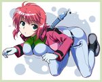  alternate_hairstyle blue_eyes boots bottle breasts celestial_being_uniform cropped_jacket feldt_grace floating gloves gundam gundam_00 hasil jacket large_breasts pants pink_hair short_hair solo tight tight_pants water_bottle white_gloves 