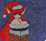  angel_the_catgirl big_breasts blue_background blue_eyes breasts chimney christmas cleavage clothed clothing female fur hair half-closed_eyes hat holidays huge_breasts long_hair looking_at_viewer plain_background red red_fur red_hair santa_hat solo stuck xmas 