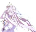  1girl bianca:_crepuscule_(pgr) bianca_(pgr) blonde_hair breasts cleavage closed_eyes commentary_request gold_tiara guratan hair_between_eyes highres holding holding_sword holding_weapon large_breasts long_hair punishing:_gray_raven see-through_clothes see-through_veil simple_background solo sword tiara veil weapon white_background 