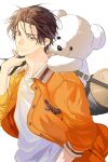  1boy aso_lago black_hair closed_mouth commentary_request jacket kuroko_no_basuke looking_at_viewer male_focus orange_jacket shirt short_hair simple_background stuffed_animal stuffed_toy takao_kazunari upper_body white_background white_shirt 