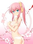  47agdragon ass bare_shoulders blue_eyes blush bow bra breasts flower gradient gradient_background hair_bow highres large_breasts lingerie long_hair original panties pink_background pink_hair ponytail solo strap_slip underwear underwear_only white_background white_bra white_panties 