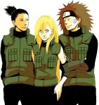  akimichi_chouji black_hair blonde_hair blue_eyes brown_hair earrings eyes_closed facial_mark fishnets flak_jacket forehead_protector jewelry kaku_(sumi90) long_hair nara_shikamaru naruto ponytail smile sumi90 vest yamanaka_ino 