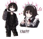  1girl alternate_costume anger_vein angry apron artist_name bandaged_neck bandaged_wrist bandages black_jacket black_pants black_shirt blue_archive brown_hair commentary_request coralreef966 cropped_legs cropped_torso ear_piercing enmaided four-finger_heart_hands frilled_apron frills halo heart heart_hands jacket light_blush looking_at_viewer maid maid_apron maid_headdress misaki_(blue_archive) multiple_views neck_ribbon pants piercing red_eyes red_halo ribbon shirt short_hair simple_background solo_focus sweatdrop variations white_apron white_background 