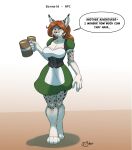 after_transformation alcohol anthro barmaid beer beer_mug beverage breasts clothing corset dialogue dress fangs felid feline female fur green_clothing green_dress hi_res lingerie lynx mammal markings oter simple_background solo speech_bubble spots spotted_body spotted_fur teeth topwear