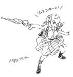  :o bag closed_umbrella curly_hair drill_hair greyscale kneehighs mahou_shoujo_madoka_magica mitsumoto_jouji monochrome open_mouth outstretched_arm pose school_bag school_uniform sketch skirt solo tiro_finale tomoe_mami translated twin_drills twintails umbrella 