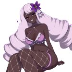  1girl ass bikini breasts cleavage dark-skinned_female dark_skin fishnet_thighhighs fishnets frilled_bikini frills hair_ornament highres hitofudegaki_usagi jacinthe_(pokemon) long_hair looking_at_viewer low_drills pink_bikini pokemon pokemon_legends:_z-a purple_eyes purple_hair smile swimsuit teeth thighhighs thighs very_dark_skin white_background 