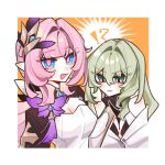  !? 2girls black_dress black_shrug blue_eyes border breasts chinese_commentary cleavage coat commentary_request corset dreaming-of-flying-free dress elf elysia_(honkai_impact) elysia_(miss_pink_elf)_(honkai_impact) green_hair hair_intakes hair_ornament highres honkai_(series) honkai_impact_3rd long_hair looking_at_breasts mobius_(honkai_impact) multiple_girls orange_background pink_hair pointy_ears shrug_(clothing) slit_pupils small_breasts very_long_hair white_background white_border white_coat white_corset yuri 