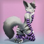 2025 absurd_res anthro anus arctic_fox arm_warmers armwear balls black_claws black_hair black_inner_ear_fluff black_nose black_pawpads butt canid canine claws clothing digital_media_(artwork) femboy finger_in_mouth fox full-length_portrait fur genitals grey_body hair hi_res inner_ear_fluff kneeling leg_warmers legwear line_art looking_back male mammal multicolored_body multicolored_fur open_mouth panties pawpads paws portrait presenting presenting_hindquarters purple_eyes red_the_kitsune seductive shaded simple_background solo tail true_fox tuft underwear watermark white_hands