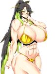  1girl abs absurdres bare_shoulders biceps bikini black_hair blush breasts cleavage colored_inner_hair commentary genshin_impact glasses gold_bikini green_eyes green_hair hair_ornament hair_stick high_ponytail highres huge_breasts long_hair looking_at_viewer minew multicolored_hair muscular muscular_female navel parted_bangs parted_lips ponytail smile solo swimsuit thick_thighs thighs two-tone_hair xianyun_(genshin_impact) 