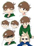  2boys :d ^_^ anger_vein angry animification black_eyes blue_hoodie blush brown_hair brown_pants closed_eyes commentary_request drawstring edd_(eddsworld) eddsworld green_eyes green_hoodie headpat highres hollow_eyes hood hood_down hoodie jitome lap_pillow long_sleeves looking_at_viewer looking_back male_focus multiple_boys multiple_expressions multiple_views pants roshii_(ionlw0gynh24926) shaded_face shirt short_hair smile spiked_hair sweatdrop swept_bangs tom_(eddsworld) translation_request white_background white_shirt yaoi 