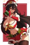  1girl bare_shoulders belt black_hair bow breasts brown_thighhighs cleavage closed_mouth commentary cowboy_shot crop_top english_commentary fur-trimmed_skirt fur_trim gift gloves green_bow hair_between_eyes halo hat highres holding holding_gift large_breasts long_hair looking_at_viewer marinelime midriff miniskirt navel off-shoulder_shirt off_shoulder original red_eyes red_gloves red_hat red_shirt red_skirt santa_hat shirt skirt smile solo stomach thighhighs zettai_ryouiki 