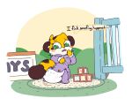 2026 3_fingers ace_(boredomwithfriends) ambiguous_gender anthro baby_talk bib blush blush_lines blush_stickers border boredomwithfriends box brown_body brown_ears brown_fur brown_markings brown_nose brown_tail brown_tail_tip chest_(container) clothed clothing container crib detailed_background dialogue diaper dipstick_tail ellipsis english_text feces felid fingers full-length_portrait fur hand_on_face hi_res looking_back mammal markings multicolored_body multicolored_fur nursery onesie open_mouth open_onesie pantherine pooping portrait purple_onesie rug snaggle_tooth soiled_diaper soiling soiling_diaper solo speech_bubble standing tail tail_markings tan_body tan_fur tan_inner_ear text tiger toy_chest two_tone_tail unclean_diaper used_diaper using_diaper wearing_diaper white_border yellow_body yellow_fur yellow_tail