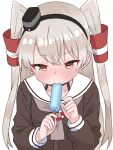  1girl amatsukaze_(kancolle) brown_eyes commentary_request dress eating food food_in_mouth grey_hair hair_tubes hands_up highres holding holding_food holding_popsicle kantai_collection light_blush long_hair long_sleeves matu_(matu19) popsicle popsicle_in_mouth sailor_collar sailor_dress solo two_side_up upper_body white_background 
