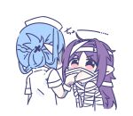  2girls alternate_costume asuna_(sao) asuna_(sao-alo) bandaged_arm bandaged_head bandaged_torso bandages blue_hair braid chibi commentary_request finger_in_another's_mouth hair_intakes half_up_half_down_braid hat highres long_hair medium_hair multiple_girls neosight nurse nurse_cap pink_eyes pointy_ears purple_hair shirt short_sleeves sidelocks simple_background stitched_arm stitched_face stitches sword_art_online translation_request upper_body v-shaped_eyebrows white_background white_hat white_shirt yuuki_(sao) 