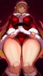  1girl alternate_costume blonde_hair blush boots breasts closed_mouth commentary_request dress dress_tug earrings embarrassed from_below fur-trimmed_boots fur-trimmed_dress fur_trim hat highres jewelry large_breasts long_hair long_sleeves looking_at_viewer mythra_(xenoblade) panties r123 red_background red_boots red_hat red_panties santa_costume santa_dress santa_hat short_dress solo swept_bangs underwear very_long_hair xenoblade_chronicles_(series) xenoblade_chronicles_2 yellow_eyes 
