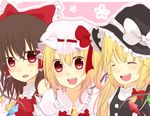  bad_id bad_pixiv_id blonde_hair brown_hair bun_no_ji fang flandre_scarlet hair_ribbon hakurei_reimu hat kirisame_marisa multiple_girls red_eyes ribbon smile touhou witch_hat 