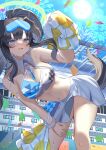  1girl @_@ absurdres animal_ears black_hair blue_archive blue_eyes blush breasts cheerleader dog_ears dog_girl dog_tail goggles goggles_on_head halo hibiki_(blue_archive) hibiki_(cheer_squad)_(blue_archive) highres holding holding_pom_poms jinbei_(user_tpny4757) long_hair looking_at_viewer millennium_cheerleader_outfit_(blue_archive) navel official_alternate_costume open_mouth pom_pom_(cheerleading) skirt solo spiral-only_eyes stadium star_(symbol) star_sticker sticker sticker_on_arm sticker_on_face sweat sweatdrop tail yellow_halo 