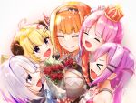  >_< 5girls ahoge amane_kanata amane_kanata_(1st_costume) black_vest blonde_hair blonde_streaks bouquet closed_eyes closed_mouth commentary_request crown dragon_girl dragon_horns fang hair_ornament hairpin highres himemori_luna himemori_luna_(1st_costume) holding holding_bouquet holoforce hololive horns kiryu_coco kiryu_coco_(1st_costume) multicolored_hair multiple_girls open_mouth orange_hair purple_eyes sheep_girl sheep_horns shirt skin_fang smile streaked_hair tears tokoyami_towa tokoyami_towa_(1st_costume) tsunomaki_watame tsunomaki_watame_(1st_costume) u_da_desu vest virtual_youtuber white_shirt 