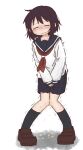  1girl between_legs black_socks blue_sailor_collar blue_skirt blush brown_hair brown_shoes closed_eyes closed_mouth collarbone commentary_request embarrassed flat_chest full_body hand_between_legs have_to_pee highres kneehighs knees_together_feet_apart large_variant_set long_sleeves miniskirt neckerchief nose_blush original own_hands_together pee peeing peeing_self pigeon-toed pleated_skirt ponnu_(tnpn2yw) red_neckerchief sailor_collar school_uniform serafuku shirt shoes short_hair sidelocks simple_background skirt socks solo standing sweat trembling variant_set wavy_mouth white_background white_shirt 