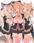  3girls animal_ears black_jacket black_skirt blonde_hair blue_eyes blush bra breasts breasts_out breath brown_eyes brown_hair bunchi cat_ears cat_girl cat_tail cleavage commentary_request demon_wings double-parted_bangs grey_hair hand_on_another's_shoulder hand_on_own_chest head_wings highres jacket large_breasts long_hair long_sleeves looking_at_viewer miniskirt multiple_girls open_mouth original simple_background skirt speech_bubble sweat tail translation_request underwear very_sweaty wet_bra white_background white_bra wings yellow_eyes 