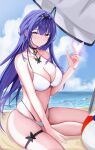  1girl absurdres arm_between_legs arm_support ball bare_shoulders beach beach_umbrella beachball bikini black_choker blue_sky blush breasts bug butterfly butterfly_on_hand choker cleavage cloud collarbone commentary_request day flavia_(strinova) glowing_butterfly hair_between_eyes hair_intakes hand_up highres lacia large_breasts long_hair looking_at_viewer multi-strapped_bikini_bottom ocean outdoors parted_lips purple_hair sidelocks sitting sky solo strinova swimsuit symbol-shaped_pupils thigh_strap thighs umbrella very_long_hair white_bikini yellow_eyes 