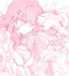  2girls ? @_@ ^^^ bilizinger blush breasts chinese_clothes chinese_commentary chinese_hairstyle cleavage commentary_request dress elf elysia_(hi_love_elf)_(honkai_impact) elysia_(honkai_impact) hand_fan hand_on_another's_shoulder highres holding holding_fan honkai_(series) honkai_impact_3rd large_breasts long_hair monochrome multiple_girls pointy_ears raiden_mei raiden_mei_(herald_of_dawn) very_long_hair yuri 