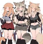  3girls animal_ears belt black_belt black_choker black_leg_warmers black_shirt black_streaks blonde_hair blue_eyes breasts brown_eyes brown_hair bunchi cat_ears cat_girl cat_tail choker cleavage closed_mouth commentary_request demon_wings dot_mouth double-parted_bangs grey_hair grey_shorts grey_skirt grey_tank_top hands_up head_wings highres jewelry large_breasts leg_warmers long_hair looking_at_viewer midriff miniskirt multicolored_hair multiple_girls navel necklace original parted_bangs red_skirt shirt short_shorts shorts simple_background skirt streaked_hair tail tank_top white_background wings yellow_eyes 