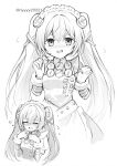  1girl apron breasts closed_eyes commentary corin_wickes cuffs flying_sweatdrops hair_between_eyes hands_up highres long_hair looking_at_viewer maid maid_apron maid_headdress monochrome multiple_views open_mouth puffy_short_sleeves puffy_sleeves rise_(riyyy202212) screw_hair_ornament short_sleeves simple_background smile twintails zenless_zone_zero 