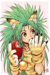 1girl animal_ear_fluff animal_ears animal_hands animal_print cat_ears cat_girl cham_cham claws collar commentary_request darumatensi dress finger_in_own_mouth food food_request gloves green_eyes green_hair hair_ornament hands_up holding holding_food long_hair looking_to_the_side low-tied_long_hair paw_gloves pink_background samurai_spirits signature sleeveless sleeveless_dress solo sphere_hair_ornament spiked_hair tiger_print torn_clothes torn_dress upper_body yellow_dress yellow_gloves 