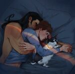  2boys animal animal_collar arczism arm_around_waist bed beef_(dispatch) black_hair blue_shirt brown_hair closed_eyes closed_mouth collar commentary dispatch dog english_commentary flambae_(dispatch) hand_on_another's_arm highres holding_hands long_hair long_sleeves lying male_focus midriff multiple_boys on_side pillow robert_robertson shirt short_sleeves sleeping spooning topless_male under_covers yaoi 