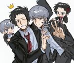  2boys adachi_tooru anger_vein black_hair black_jacket chengmingraven closed_mouth collared_shirt commentary crown grey_eyes grey_hair grimace highres jacket looking_at_viewer male_focus messy_hair multiple_boys narukami_yu necktie open_mouth persona persona_4 red_necktie shirt short_hair simple_background smile v white_background 