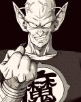 1boy antennae cheekbones clenched_hand collarbone commentary_request dragon_ball dragon_ball_(classic) evil_grin evil_smile fangs fingernails furrowed_brow grin highres lee_(dragon_garou) male_focus piccolo_daimaou pointy_ears sepia sharp_fingernails smile solo upper_body veins 