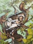  1girl arknights between_legs black_shoes bracelet brown_capelet brown_hair capelet closed_eyes day dress ears_through_hood fetal_position flower_basket full_body fur-trimmed_capelet fur-trimmed_hood fur_trim highres honeyberry_(arknights) hood hood_up hooded_capelet infection_monitor_(arknights) jewelry kasumi_yuzuha long_hair lying multicolored_hair on_side on_tree outdoors parted_lips possum_ears possum_girl possum_tail pouch shoes short_dress sleeping solo streaked_hair tail tail_between_legs thigh_pouch thigh_strap thighhighs tree white_dress white_hair white_thighhighs zettai_ryouiki 