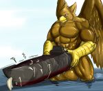 abs anthro avian balls beak biceps bodily_fluids brown_body brown_fur carpo claws cum cum_inside destruction ejaculation erection feathered_wings feathers fur genital_fluids genitals gryphon longging macro male male_penetrating muscular muscular_anthro muscular_male mythological_avian mythological_creature mythology nude pecs penetration sea ship simple_background solo tail vehicle vehicle_destruction vehicle_insertion vehicle_penetrated water watercraft wings