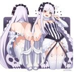  1girl bare_shoulders barefoot black_bow black_eyes black_nails blush bow breasts commentary_request detached_sleeves dress fate/grand_order fate_(series) feet feet_up fingernails francesca_prelati_(fate) garter_straps hair_bow highres legs long_fingernails long_hair long_sleeves lying multiple_views nose_blush on_stomach open_mouth rezodwel small_breasts smile soles strapless strapless_dress striped_clothes striped_dress thighhighs toes v vertical-striped_clothes vertical-striped_dress very_long_hair white_garter_straps white_hair white_thighhighs 