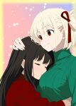  2girls absurdres black_hair blonde_hair closed_eyes closed_mouth commentary_request flower green_skirt hair_ribbon hand_on_another's_head highres hug inoue_takina lycoris_recoil multiple_girls nishikigi_chisato one_side_up pocklycoreco red_eyes red_ribbon red_sweater ribbed_sweater ribbon short_hair skirt smile sweater turtleneck turtleneck_sweater yuri 