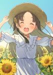  1girl :d ^_^ absurdres blue_sky blush brown_hair closed_eyes clothing_cutout commentary_request day dress facing_viewer field flower flower_field gakuen_idolmaster hair_ornament hands_on_headwear hat highres idolmaster kuramoto_china leaf_hair_ornament long_hair open_mouth osoba_susurukun outdoors shoulder_cutout sky smile solo straw_hat sunflower sunflower_field teeth upper_teeth_only white_dress 
