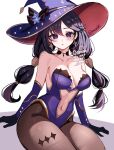  1girl black_choker blush breasts brown_pantyhose choker clothing_cutout commentary commission diamond_(shape) elbow_gloves english_commentary genshin_impact gloves hannie_(hanreiei) hat highres leotard mole mole_on_breast mole_on_shoulder mole_under_eye mona_(genshin_impact) pantyhose purple_eyes purple_hair purple_leotard solo twintails watermark witch_hat 