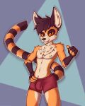 4_fingers anthro black_body black_fur black_hair black_nose bulge canid canine chest_tuft claws clothed clothing confident detailed_bulge fennec_ears fennec_fox fingers fox fur genital_outline hair hi_res humanoid hybrid kibu kibu_(kibu) lemur lemur_tail male mammal navel nipples orange_body orange_eyes orange_fur penis_outline pose primate red_clothing red_underwear small_waist snout solo strepsirrhine tan_body tan_fur true_fox tuft underwear underwear_only