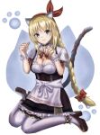  1girl :3 alternate_costume alternate_hairstyle animal_ear_fluff animal_ears apron black_choker black_dress blonde_hair blue_eyes blush braid braided_ponytail breasts brown_shoes cat_day cat_ears cat_girl cat_tail choker cleavage cleavage_cutout closed_mouth clothing_cutout commentary_request dress eyes_visible_through_hair frilled_dress frilled_wrist_cuffs frills full_body hair_between_eyes hair_ribbon hairband hands_up heaven_burns_red kanzaki_adelheid kemonomimi_mode large_breasts long_hair looking_at_viewer low_ponytail paw_pose paw_print ponytail puffy_short_sleeves puffy_sleeves red_hairband red_ribbon ribbon shoes short_sleeves sidelocks simple_background single_braid sitting smile solo tail tail_ornament tail_ribbon thighhighs very_long_hair waist_apron wariza white_apron white_background white_thighhighs wrist_cuffs yu422yu 