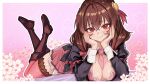  1girl absurdres black_shirt boots border breasts brown_boots brown_hair cleavage closed_mouth commentary_request commission flower hair_ornament hands_on_own_cheeks hands_on_own_face highres juliet_sleeves kono_subarashii_sekai_ni_shukufuku_wo! large_breasts long_sleeves looking_at_viewer lying medium_hair necktie on_stomach outline outside_border pink_background pink_flower pink_necktie pink_skirt pink_thighhighs puffy_sleeves red_eyes shirt short_necktie skirt smile solo spanish_commentary the_pose thighhighs vlizz white_border white_outline yunyun_(konosuba) 