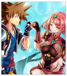 1boy 1girl absurdres belt black_gloves black_jacket blue_background blue_belt blue_shirt bob_cut border breasts brown_hair chest_jewel closed_eyes closed_mouth commentary_request core_crystal_(xenoblade) crossover fingerless_gloves fist_bump gem gloves green_gem highres impossible_clothes jacket kingdom_hearts large_breasts open_clothes open_jacket pyra_(xenoblade) red_hair red_shorts shirt short_hair short_shorts shorts smile sora_(kingdom_hearts) spanish_commentary super_smash_bros. swept_bangs tiara v-neck vlizz white_border xenoblade_chronicles_(series) xenoblade_chronicles_2 
