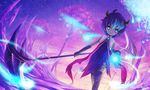  blue_eyes dutch_angle elbow_gloves expressionless fantasy gloves glowing highres horns original purple scythe sdmsadism short_hair sleeveless solo thighhighs tree walking 